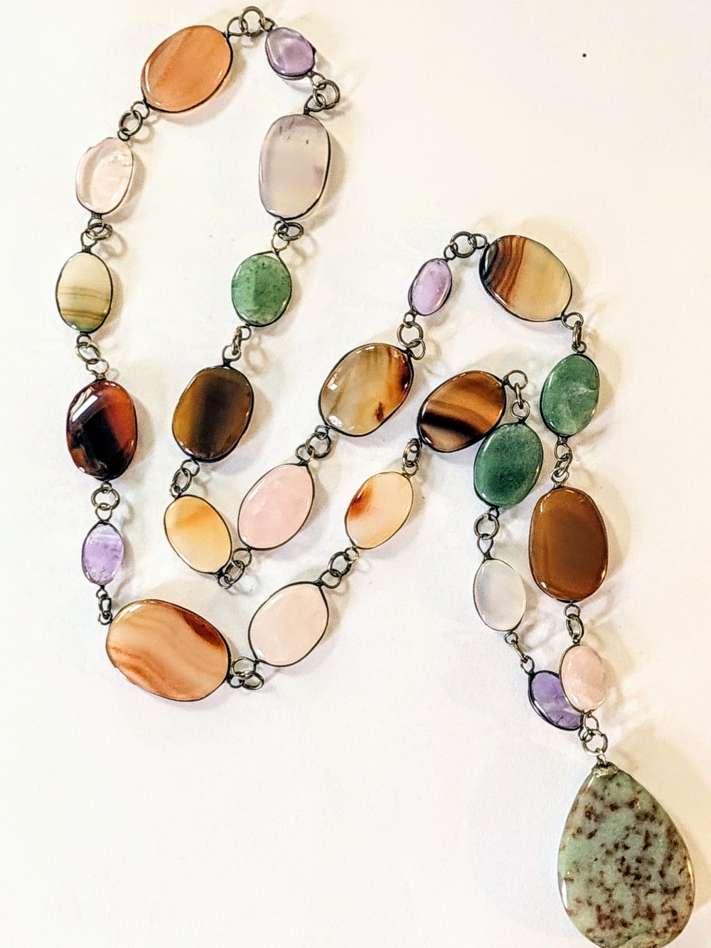 Vintage Wire wrapped Agate Gemstone Slice Beaded Necklace w/ Jasper Pendant 28"